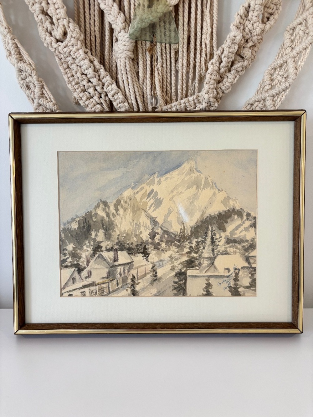 Vintage framed watercolour painting of Banff Canada signed Madge Hogarth 1975